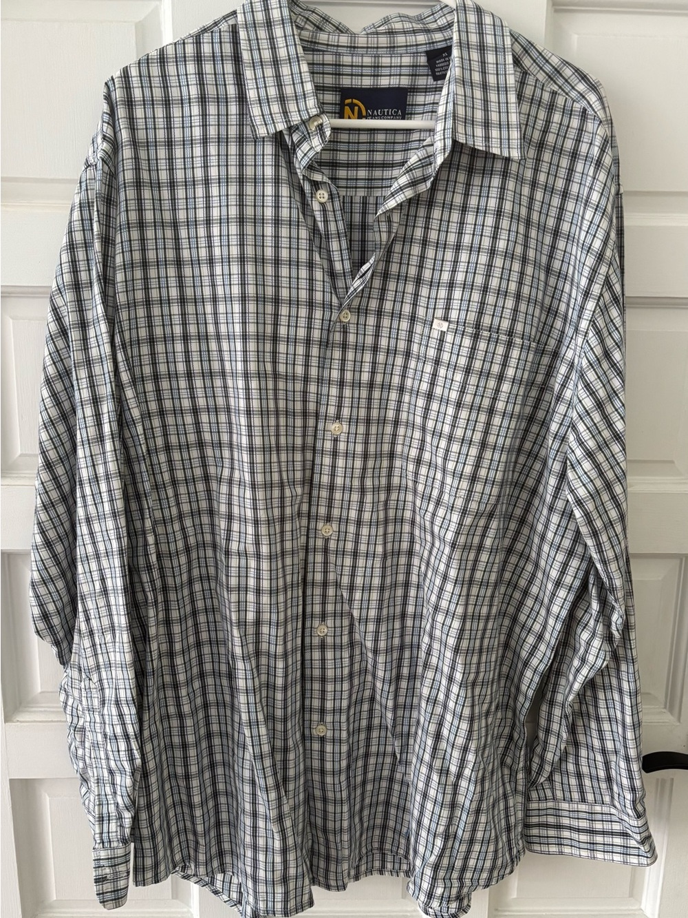 Nautica Men’s Navy and White Plaid Button-Down Shirt